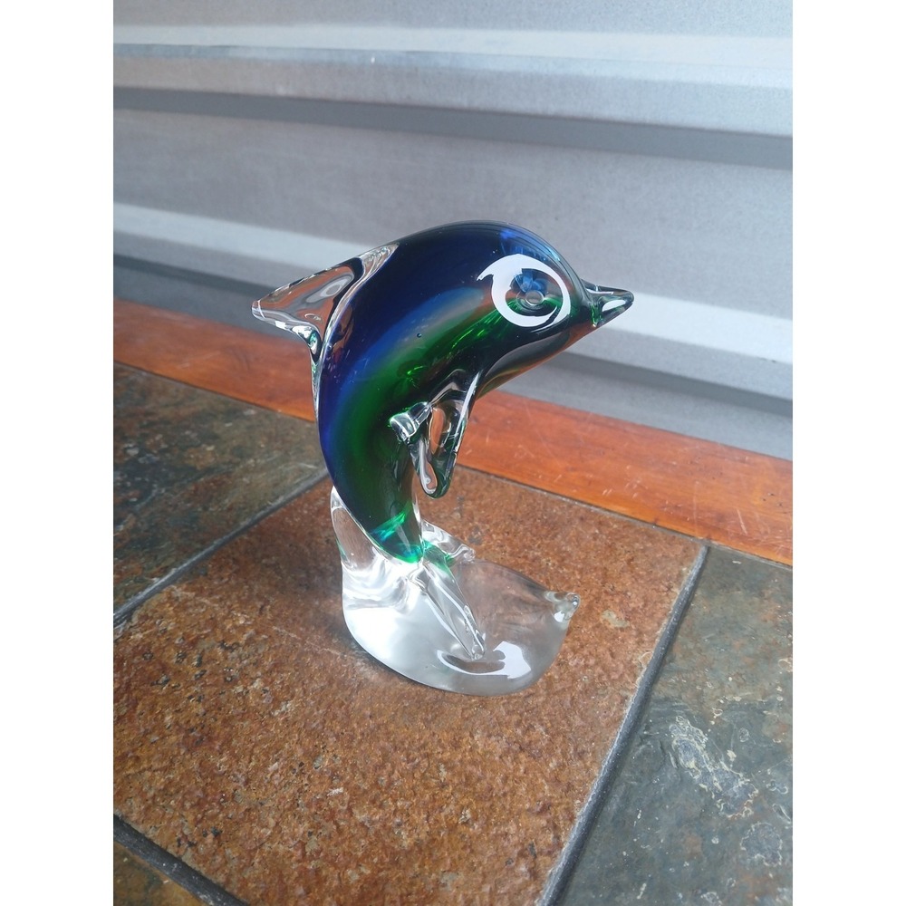 Dolphin Art Glass 6" Cobalt Blue Clear Murano Style Sculpture Paperweight